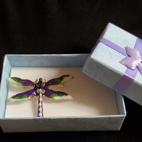 Goldtone Green and Purple Enamel Dragonfly Brooch - Picture 5 of 5